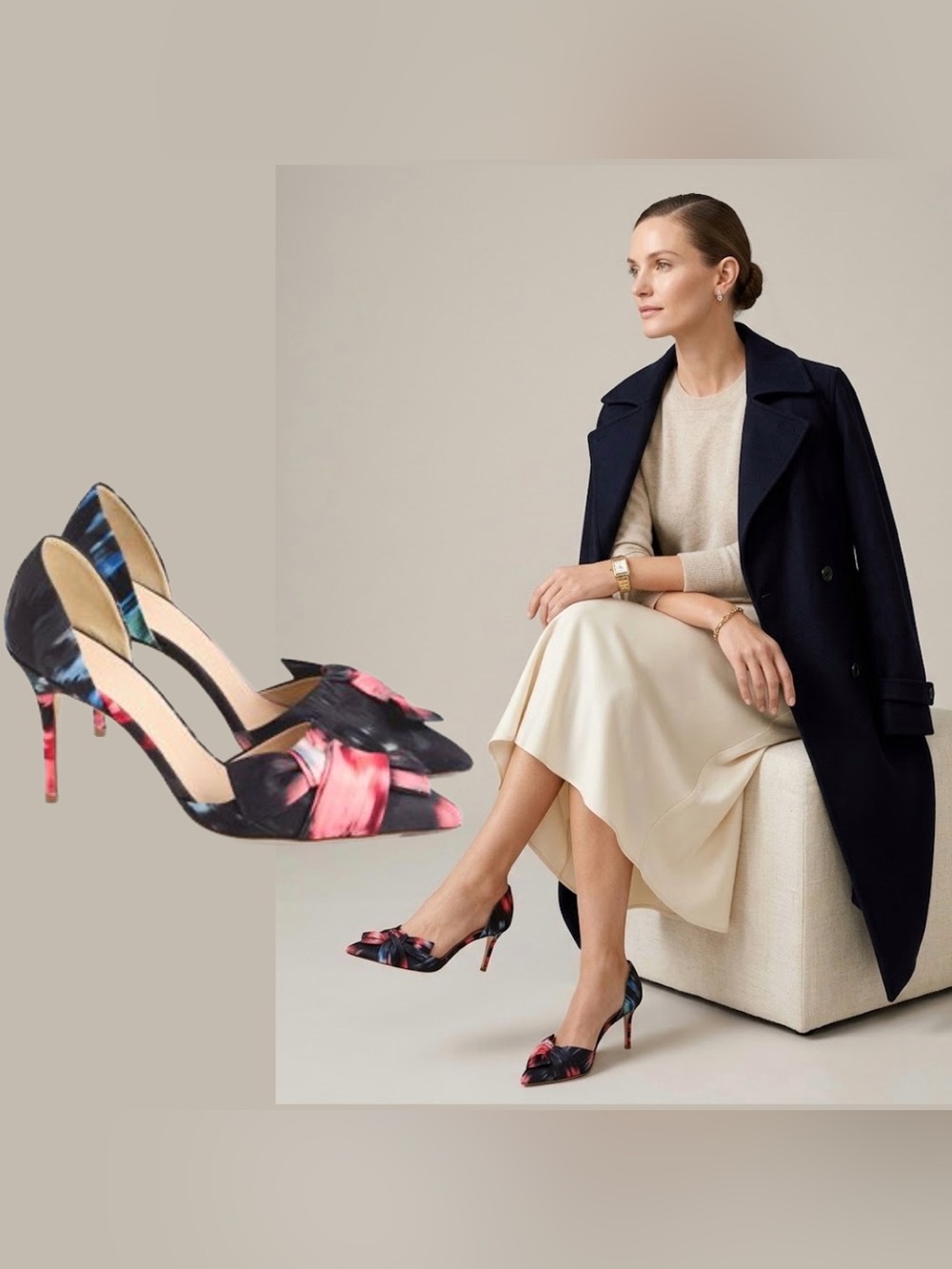 Jcrew Abstract Art Bow Pointy Toe Heel Pump Black Pink Formal Wedding Office 6.5